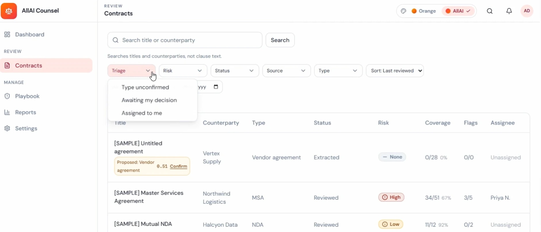 Triage and filters narrowing the corpus by risk, status, source and type