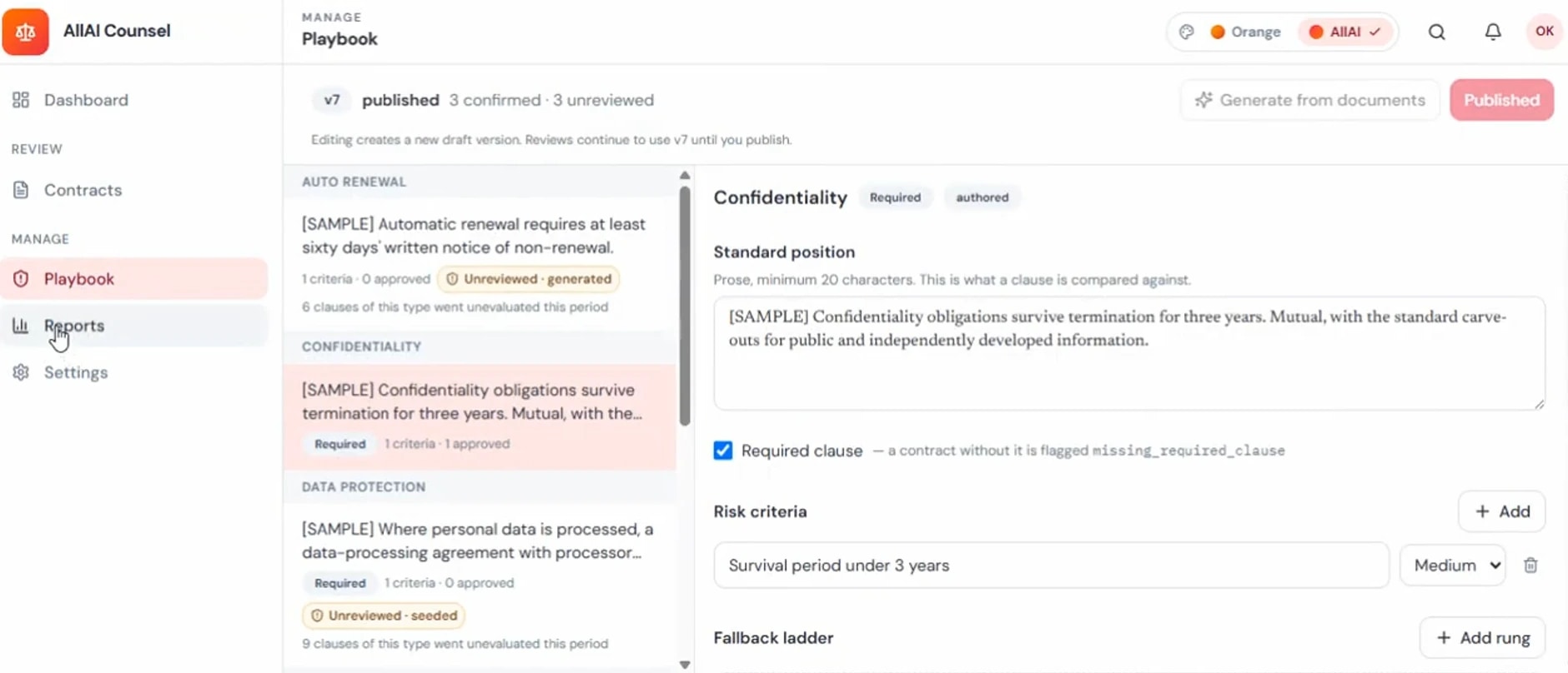 A playbook clause with its standard position, the prose the contract is compared against