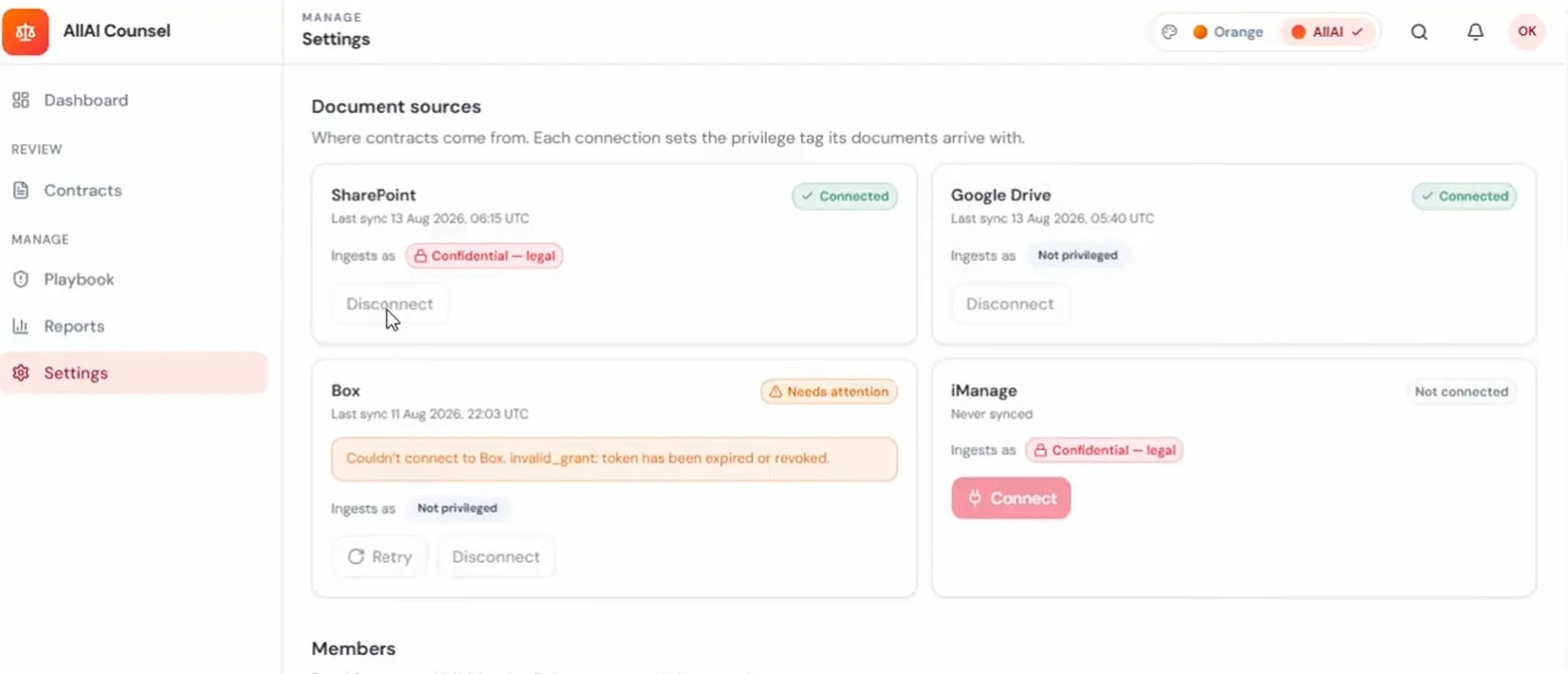 The document sources contracts are ingested from — SharePoint, Google Drive, Box and iManage
