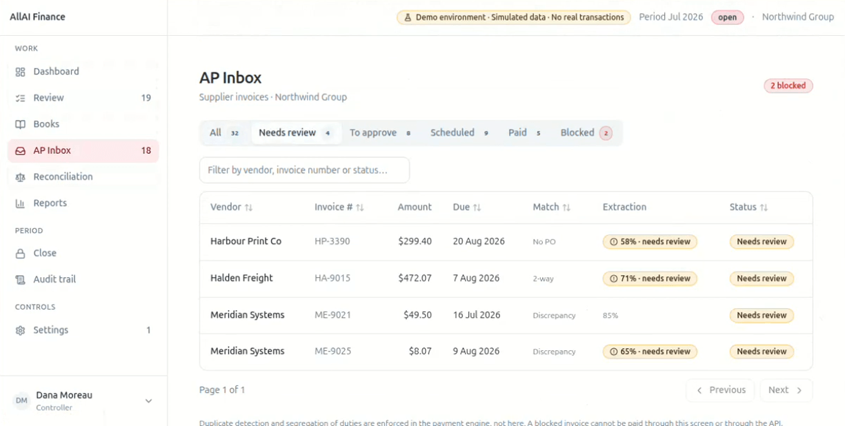 Supplier invoices queued for review, with extraction confidence and match status per line