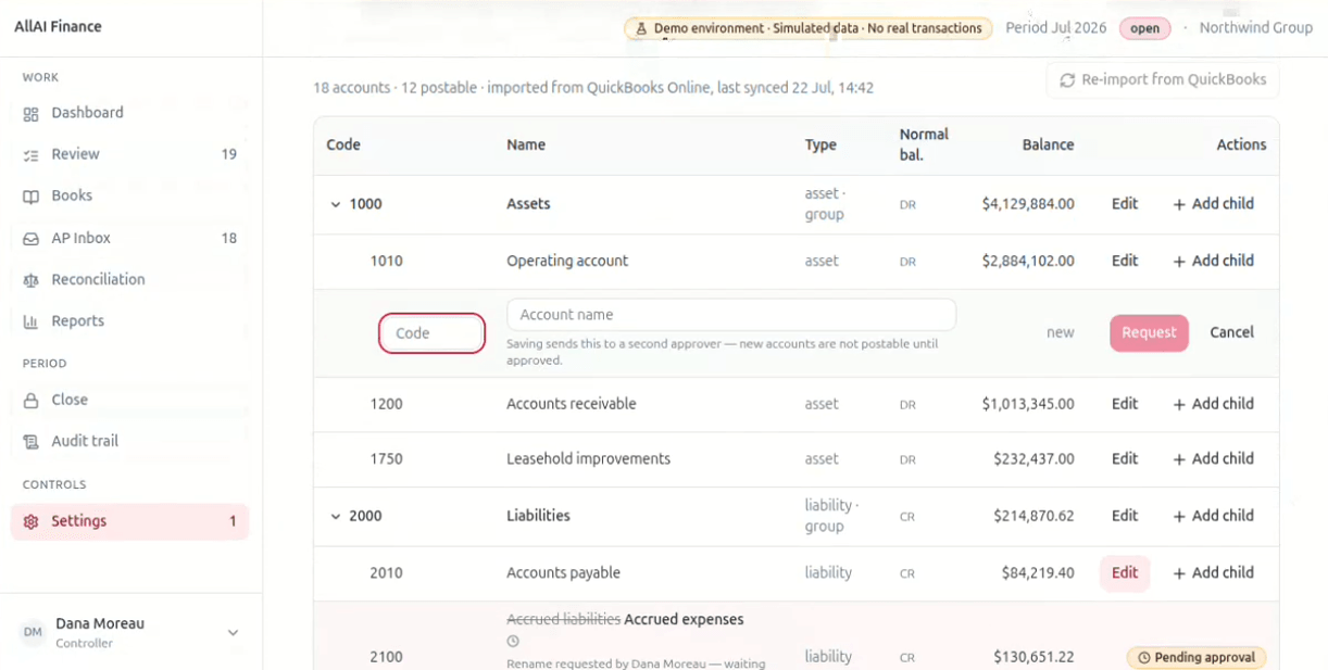 The chart of accounts, imported from QuickBooks and gated behind a second approver