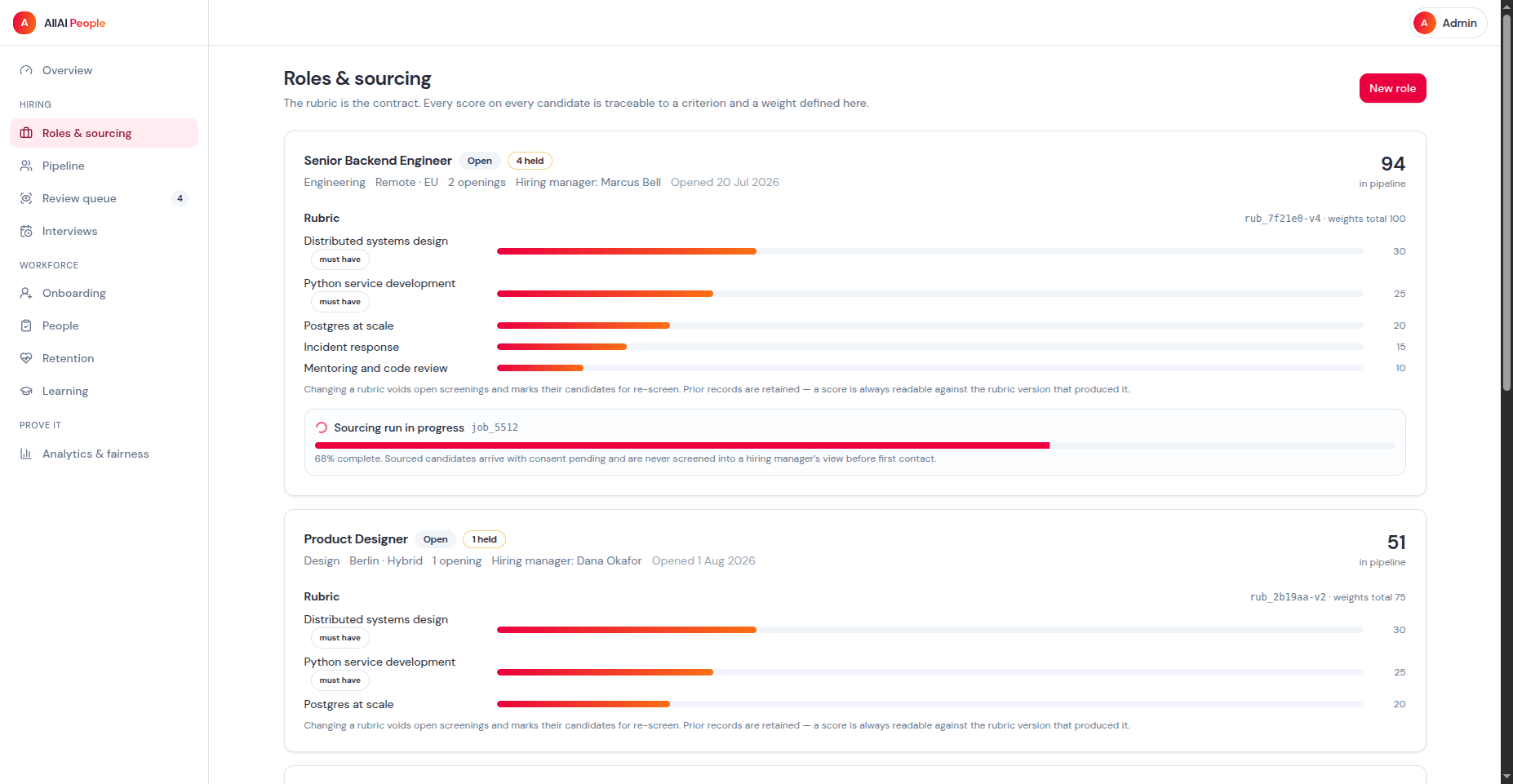 A role's scoring rubric, with weighted criteria and a sourcing run in progress