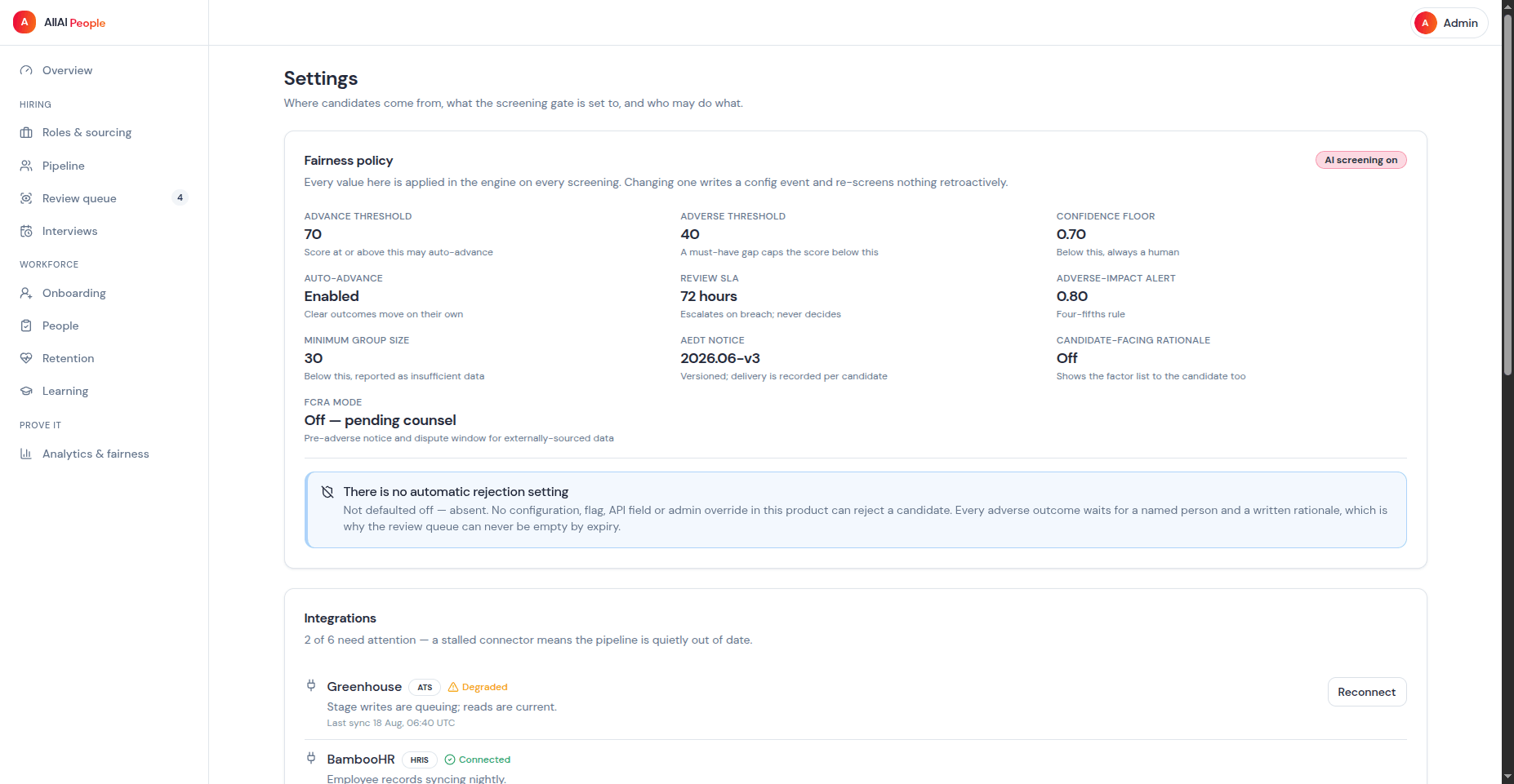 The fairness policy that gates every screening decision, versioned and applied by the engine