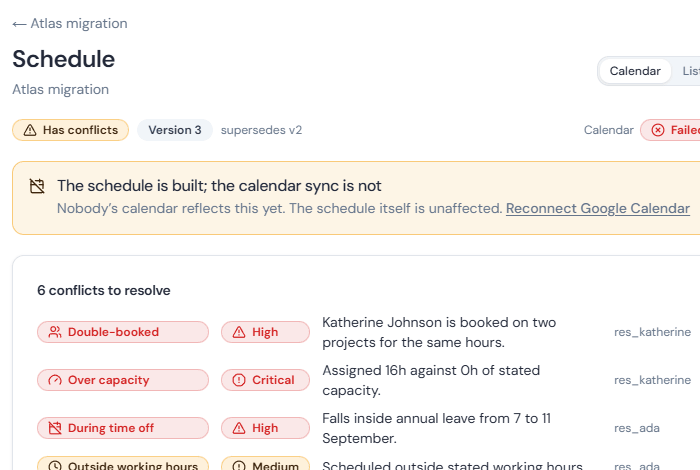 The built schedule listing the booking conflicts still to resolve