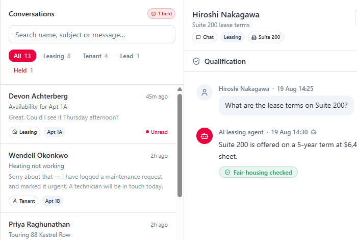 The shared inbox with leasing, tenant and lead threads, and an AI-drafted reply