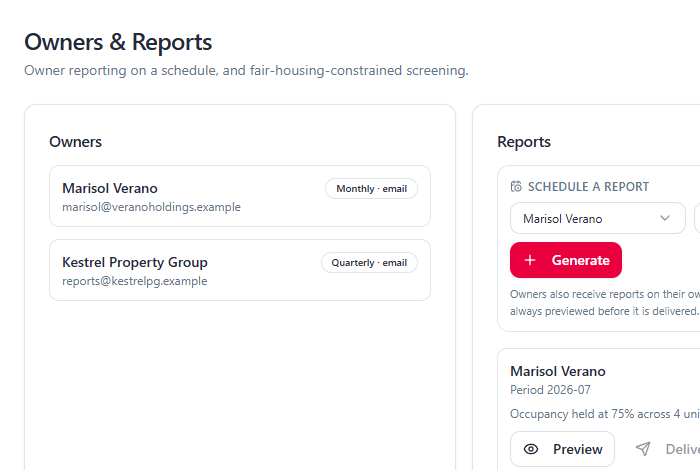 Scheduled owner reporting, previewed before it is delivered