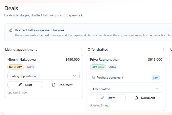 Deal stages with follow-ups and paperwork drafted ahead of the agent