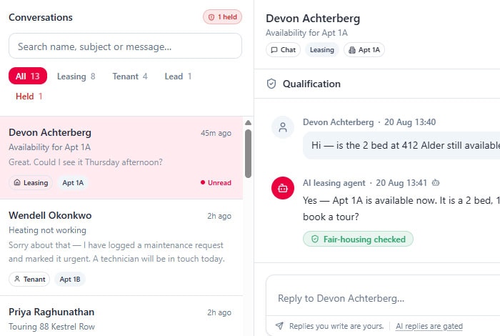 An AI leasing agent answering an enquiry within minutes