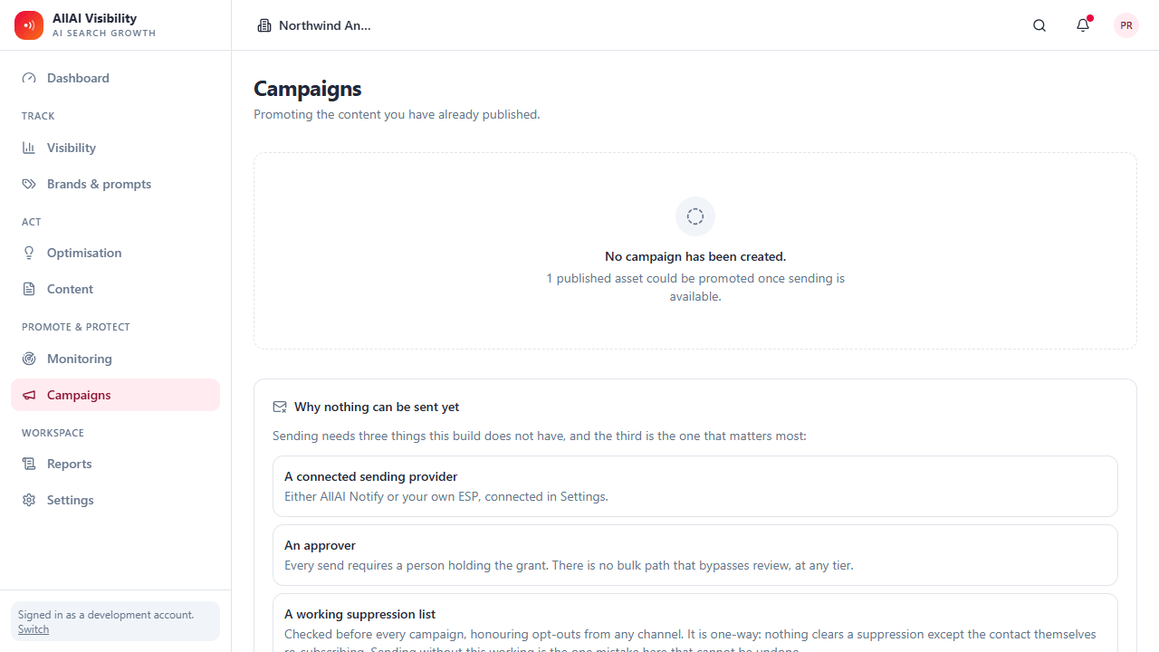 The AllAI Visibility campaigns screen, with no campaign created yet and the three things sending needs: a provider, an approver and a suppression list