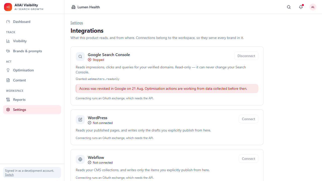 The AllAI Visibility integrations settings listing Google Search Console, WordPress and Webflow with their connection status