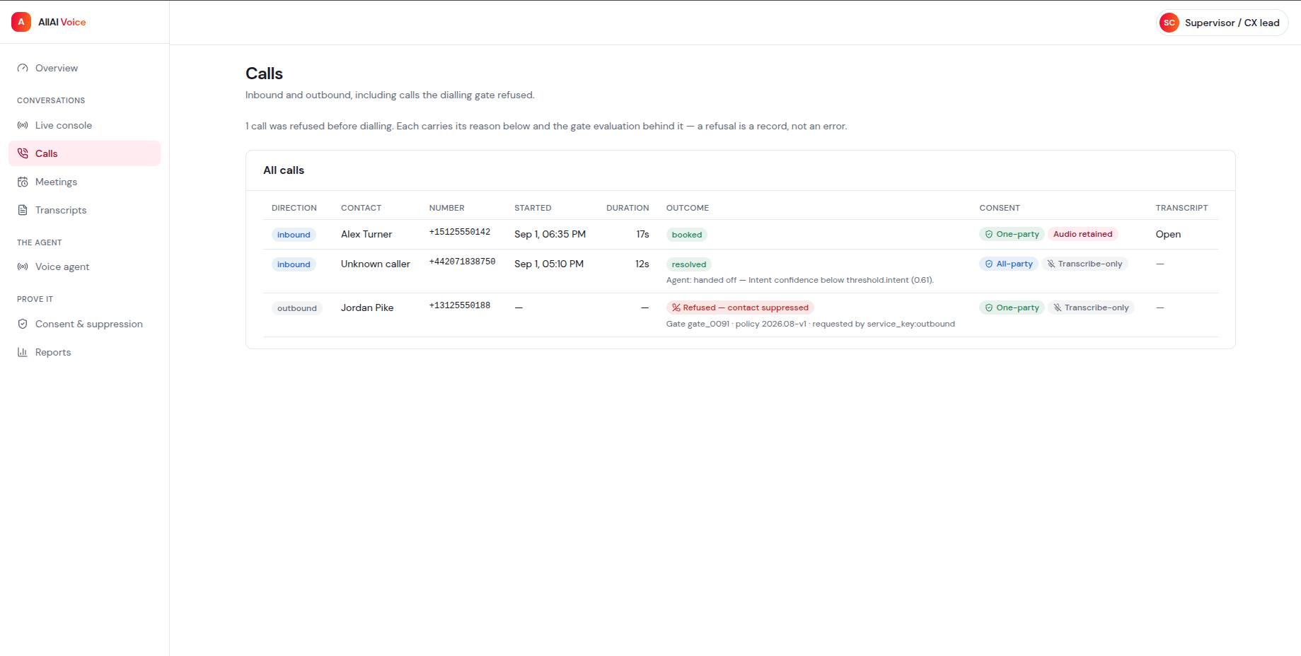The AllAI Voice calls list with direction, contact, outcome, consent, and transcript status