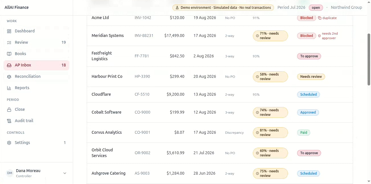 Invoices moving through approval — blocked, needs review, approved, scheduled and paid