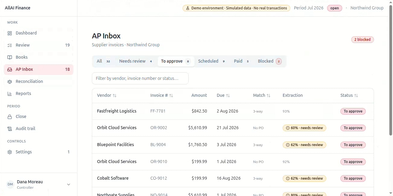 The AP inbox listing supplier invoices with match type, extraction confidence and status