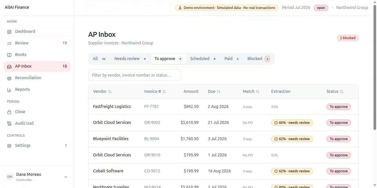 The AP inbox reading, coding and queueing supplier invoices without manual entry