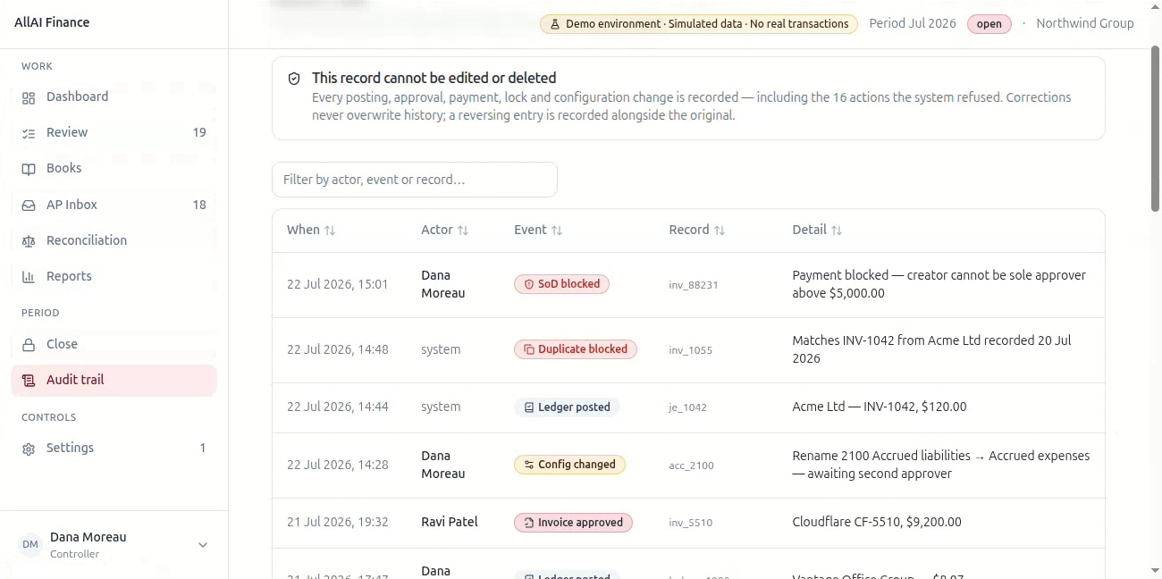 The immutable trail recording blocked payments, duplicate invoices and configuration changes