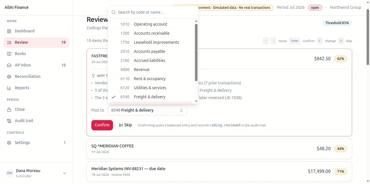 An invoice coded to an account, with the AI's suggestion and the reasoning behind it