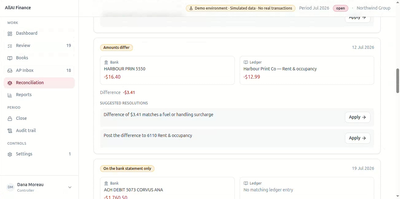 A bank line and a ledger entry that differ, with the difference explained and a fix offered
