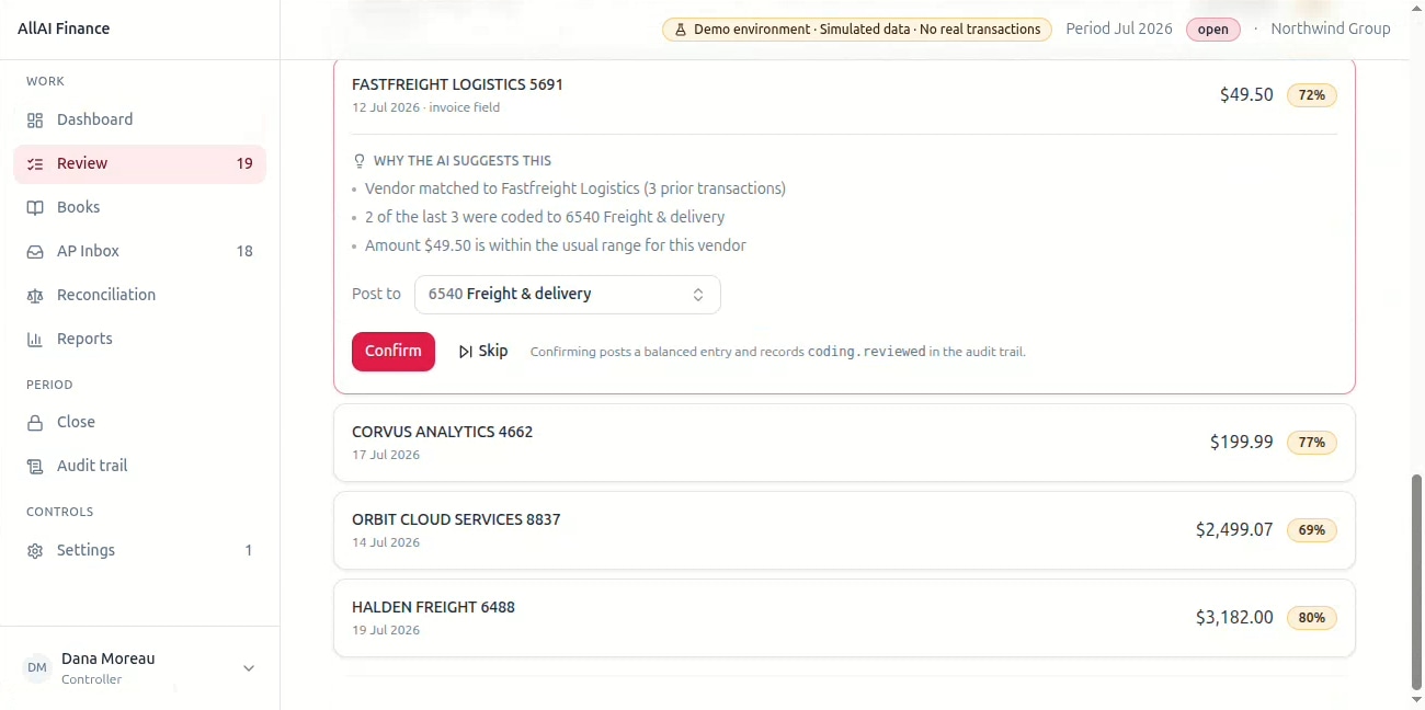 A transaction coded automatically, with the reasoning behind the account it was posted to