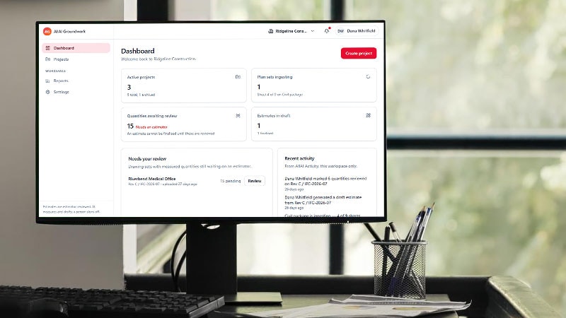 The AllAI Groundwork dashboard on a monitor in a site office