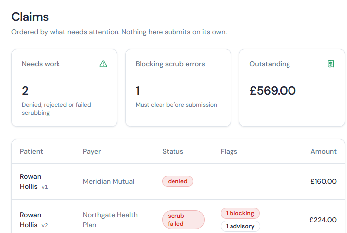 The claims queue ordered by what needs attention, with scrub errors flagged