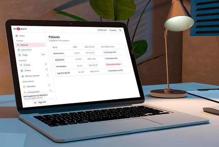 The AllAI Health patient list open on a laptop