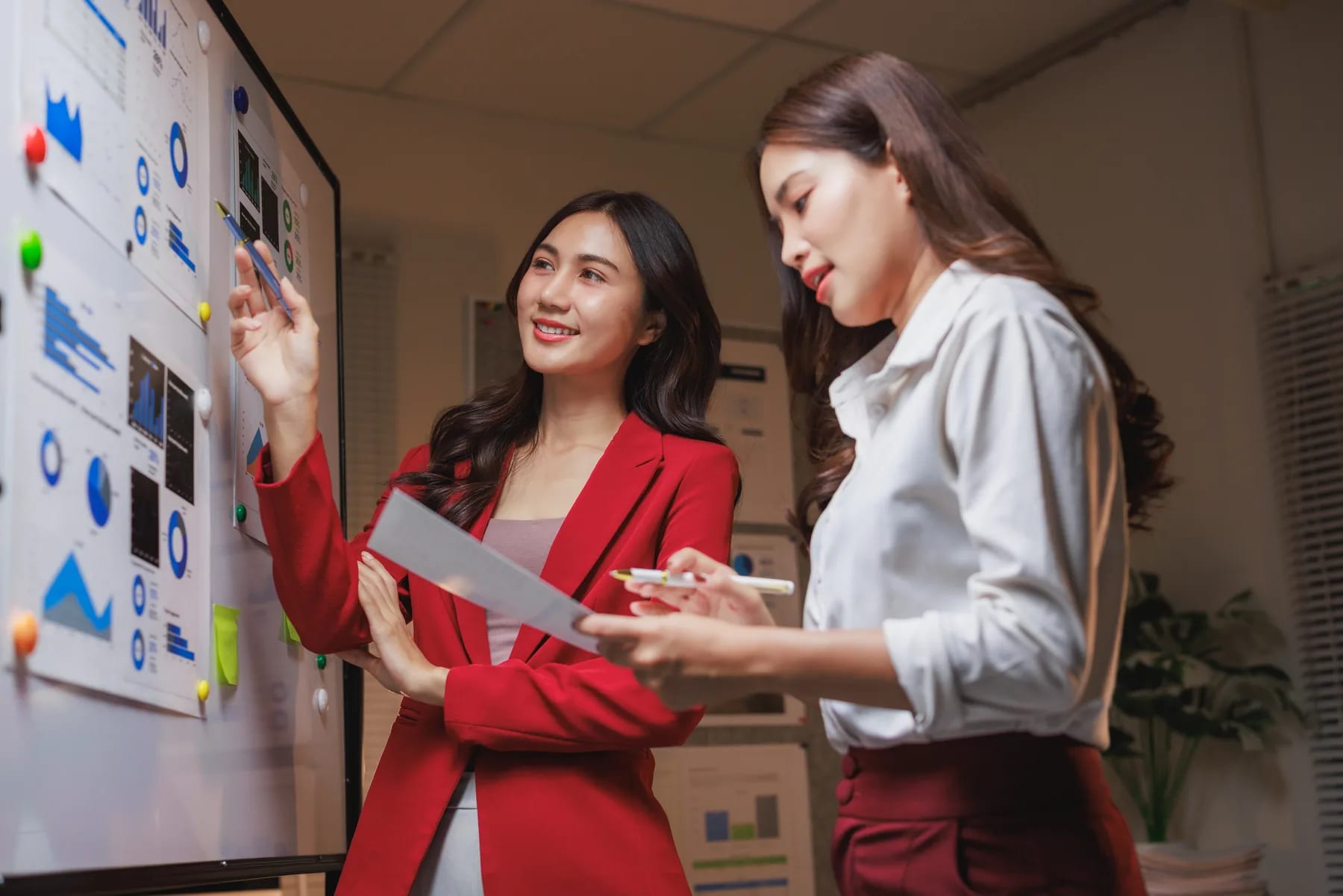 Two analysts marking up a board of live pipeline charts